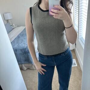 Vintage Sandra Silk/Rayon Blend Knit tank/ Vest Black/Cream Herringbone size M